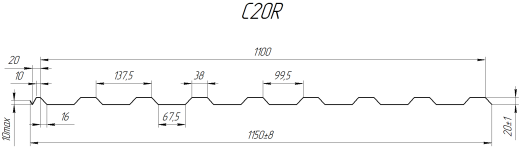 Профнастил С20R 1150/1100x0,5 мм, 7024 графитовый серый глянцевый